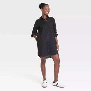 NWT Women's Universal Thread Long Sleeve Button Down Black Mini ShirtDress sz M